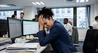 Stressed African American businessman holding head in hands at office desk showing workplace pressure and mental health challenges in corporate environment.