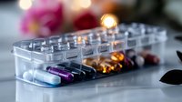 Daily pill organizer with colorful medication capsules and tablets arranged in transparent compartments, soft bokeh lights creating medical healthcare ambiance.