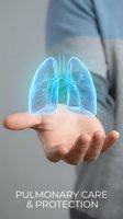 Healthcare professional holding glowing blue lungs hologram representing respiratory medicine and pulmonary care protection services.