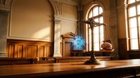 Courtroom interior with wooden judge bench, gavel and scales of justice in warm sunlight streaming through arched windows for legal concepts.