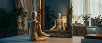Wooden artist mannequin sitting in meditation pose reflected in ornate vintage mirror, mindfulness and self-reflection concept for wellness design.