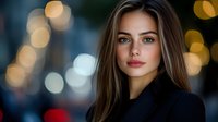 Young woman with long brown hair and fair complexion wearing black jacket against blurred city lights bokeh background, suitable for portrait and lifestyle content.