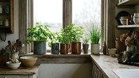 Rustic kitchen windowsill with potted herbs and plants in ceramic containers, wooden shelves displaying earthenware bowls and natural home decor elements.