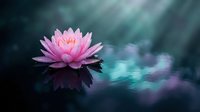 Pink lotus flower floating on dark water with soft bokeh background creating peaceful zen meditation atmosphere for wellness and spiritual concepts.