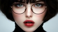 Close up portrait of young woman with short dark hair wearing round glasses, bright red lipstick and rosy cheeks against light background.