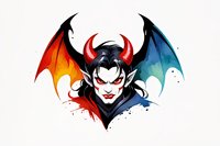 Demonic character with horns and colorful dragon wings in watercolor style against white background, fantasy art design for merchandise and tattoo inspiration.