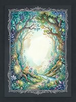 Enchanted forest portal with ornate silver frame, mystical woodland scene featuring ancient trees, magical foliage, and ethereal light for fantasy designs.