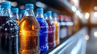 Row of plastic bottles with colorful carbonated drinks showing condensation droplets on surface, selective focus on amber colored beverage in foreground, blurred background.