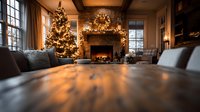 Cozy living room with stone fireplace, decorated Christmas tree, and warm wooden floor reflecting holiday lights.