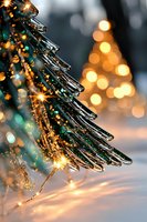 Sparkling glass pine tree branch with golden bokeh lights and warm glowing decorations against blurred festive background creates magical holiday atmosphere.