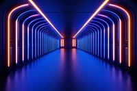 Futuristic corridor with glowing neon blue and orange light arches creating perspective tunnel effect, dark reflective floor in modern architecture interior.