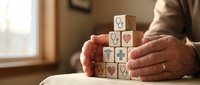 Elderly hands protecting wooden blocks with heart and cross symbols representing healthcare, insurance, and compassionate care in warm home setting.