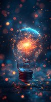 Glowing lightbulb with network of illuminated connections forming global map inside, orange and blue light effects against dark background with bokeh particles.