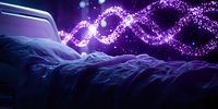 Glowing purple DNA helix strand floating above dark textured surface with magical sparkle effect against black background, science concept visualization.