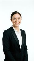 Professional businesswoman in black suit smiling confidently on white background isolated for corporate design and marketing materials.