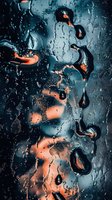 Water droplets on glass surface with warm orange bokeh lights creating atmospheric mood for weather and seasonal design projects.