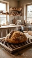 Fresh baked artisan sourdough bread loaf cooling on wooden rack in rustic farmhouse kitchen with warm natural lighting and cozy homemade atmosphere.