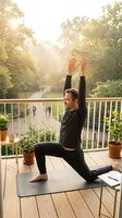 Caucasian man practicing yoga warrior pose on balcony at sunrise, arms raised, surrounded by green plants and park view.