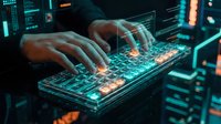 Hands typing on futuristic holographic keyboard with glowing interface elements and digital data streams in cyberpunk technology environment for programming concepts.