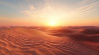 Majestic sand dunes stretch across desert landscape at sunset with golden sunlight casting long shadows on rippled sand formations and dramatic sky with sunburst.
