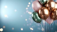 Festive balloon bouquet with metallic pink, gold and green balloons on blue background with bokeh lights for party celebration and special events.