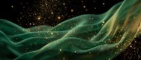 Abstract flowing waves of emerald and gold with luminous particles on black background, suitable for luxury branding, digital art, and modern design projects.