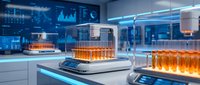 Modern laboratory with glowing orange test tubes in high-tech research facility. Scientific equipment and digital displays create futuristic atmosphere for medical innovation.