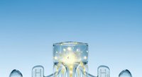 Glowing lightbulb inside glass jar surrounded by blue chairs against clear sky background, representing innovation, ideas, teamwork and business solutions.