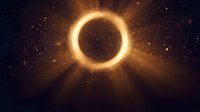 Solar eclipse with bright corona ring glowing against dark starry sky with golden light rays and cosmic particles for astronomy and space content.