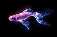 Glowing pink and blue fantasy fish with sparkling cosmic fins swimming in dark space, magical underwater creature with luminescent details and starry effects.