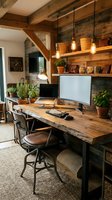 Rustic home office workspace with wooden desk, computer monitor, laptop, and pendant lighting. Industrial workspace design with exposed beams and shelving.