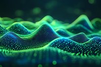 Abstract digital wave landscape with glowing green and blue particle terrain against dark background for technology, data visualization, or futuristic concept designs.