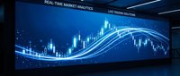 Financial trading dashboard with real-time market analytics and candlestick charts on blue digital display for investment and stock market analysis.