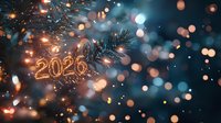 Glowing 2026 number with pine branches against blurred bokeh lights background, creating festive holiday atmosphere for New Year celebration.