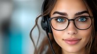 Young woman with bright blue eyes wearing glasses and headset smiles confidently against blurred turquoise background. Professional customer service representative portrait.