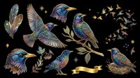 Colorful iridescent birds with feathers, wings, and botanical elements isolated on transparent background. Ready for t-shirt design, clipart, stickers, sublimation, and print-on-demand projects.