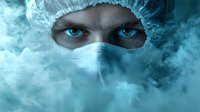 Intense blue eyes peering through surgical mask and cap, surrounded by dramatic turquoise smoke effect, creating mysterious medical atmosphere for healthcare concepts.