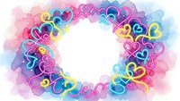 Colorful heart shapes forming circular frame on watercolor background. Romantic love design for Valentine's Day cards, wedding invitations and greeting materials.