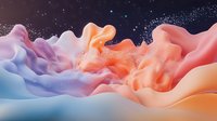 Colorful smoke waves in pastel blue, purple, peach and coral tones against dark background with sparkles create dreamy abstract art composition.