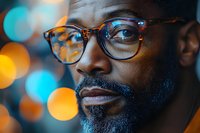 Close up portrait of contemplative African American man wearing glasses against blurred bokeh lights background, featuring soft focus and moody atmosphere.
