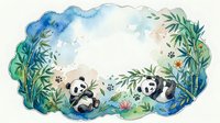 Watercolor panda bears playing in bamboo forest frame with tropical leaves and flowers creating decorative border for children design projects.