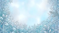 Intricate frost patterns and delicate snowflakes frame a serene winter landscape with crystalline ice formations creating an elegant frozen border design.