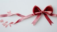 Pink and red satin ribbon bow with flowing streamers and delicate leaf silhouette on white background, isolated design element for festive decoration.