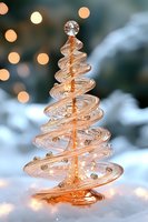 Delicate spiral glass Christmas tree in rose gold color with glitter accents, illuminated from within against snowy bokeh background. Perfect for holiday decor.