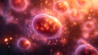 Glowing red cells with luminous plasma membranes floating in dark space, microscopic view of biological structures with bokeh light effects and particles.
