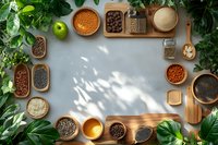 Various spices, seeds, and legumes in wooden bowls arranged in frame with fresh green leaves and natural sunlight shadows on gray background, creating organic food composition.