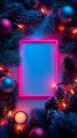 Neon pink frame surrounded by Christmas decorations, pine branches, baubles and pinecones in vibrant blue and pink colors with glowing lights and candle.