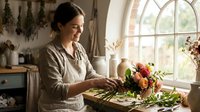 Young woman with dark hair and olive complexion, wearing a beige linen apron, arranging fresh flowers and greenery in a rustic kitchen studio with natural window light and dried botanicals.