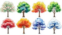Colorful watercolor trees set with vibrant foliage in different seasons isolated on white background for nature design projects and botanical illustrations.