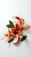 Red hot chili peppers with paprika powder explosion and bay leaves on white background for culinary design and spice advertising concepts.